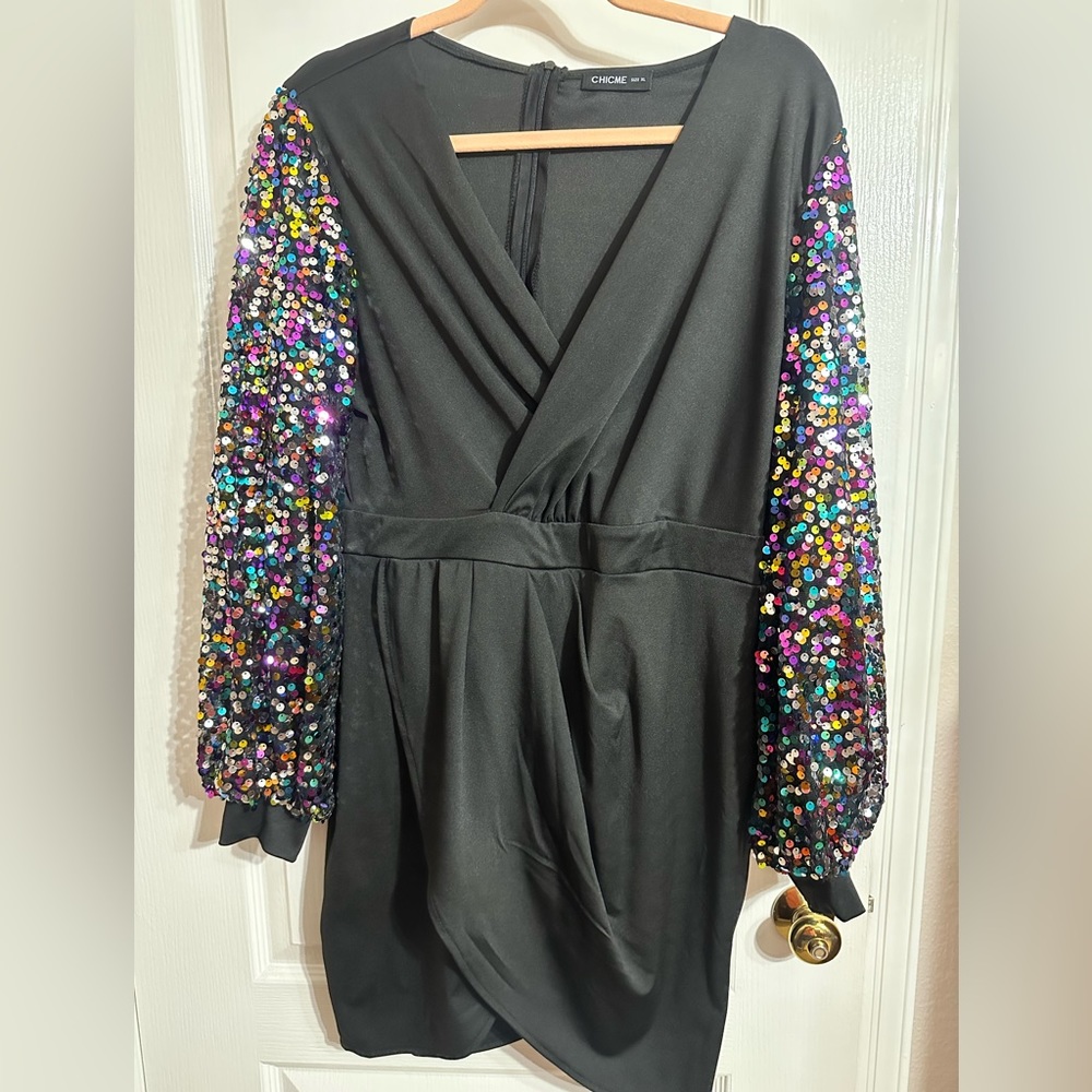 Black and color sequin puff sleeve dress